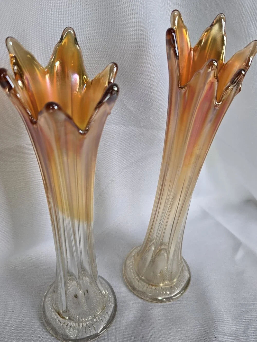 Vintage Marigold Carnival Glass Swung Vases Pair Star Crimp Rib